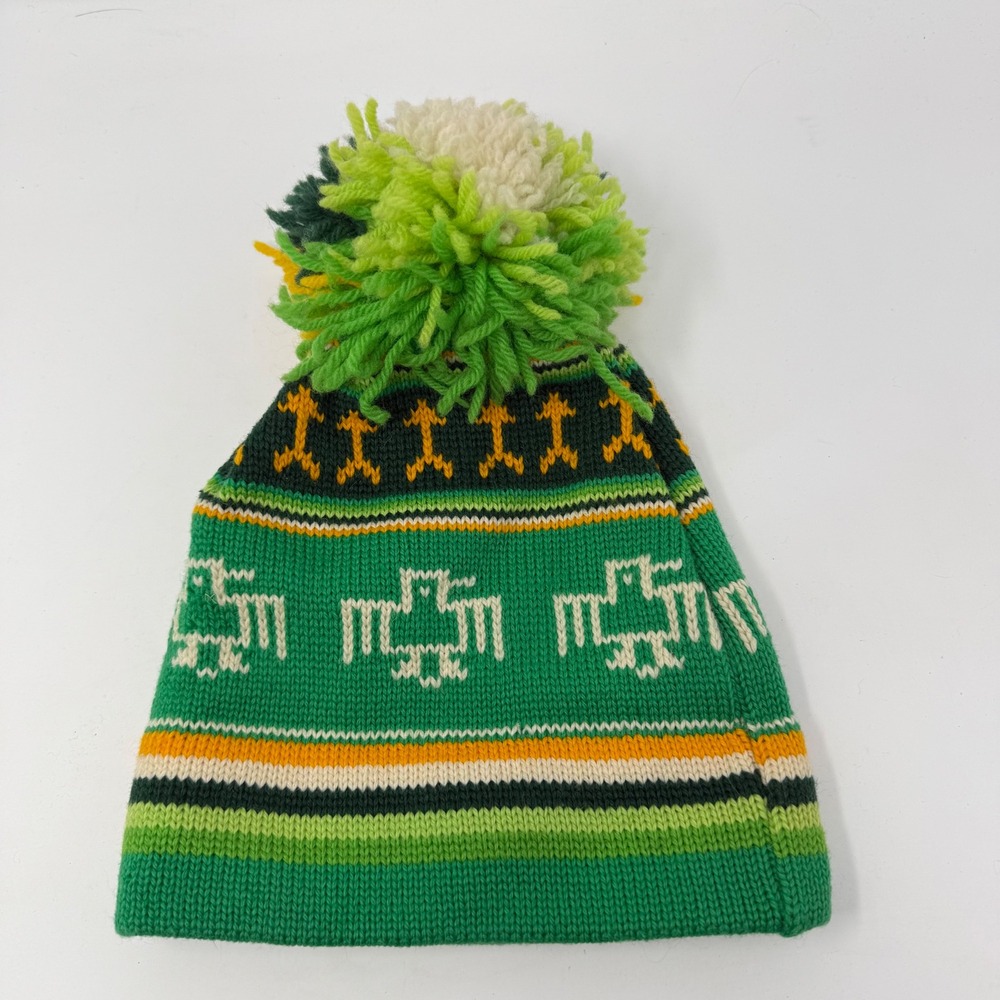 Aris Ski Hats Wool Knit Beanie PomPom USA Green Yellow Fair Isle Toque